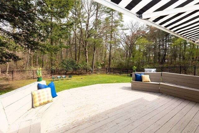 wooden deck with a lawn and a fenced backyard