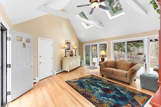 living area featuring a skylight, a ceiling fan, high vaulted ceiling, and a baseboard heating unit
