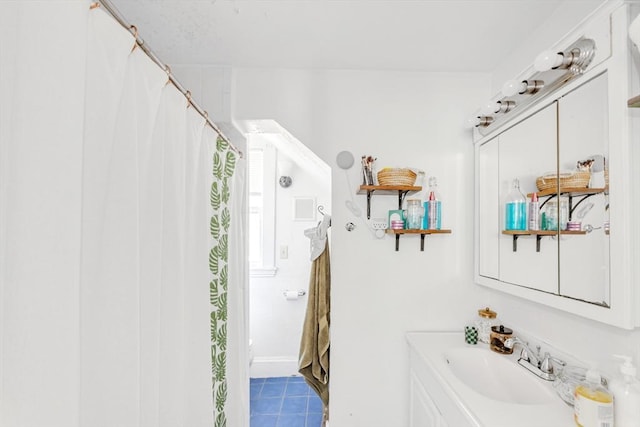 419 Poplar St, Boston, MA 02131 - full bathroom with vanity, tile patterned flooring, and curtained shower