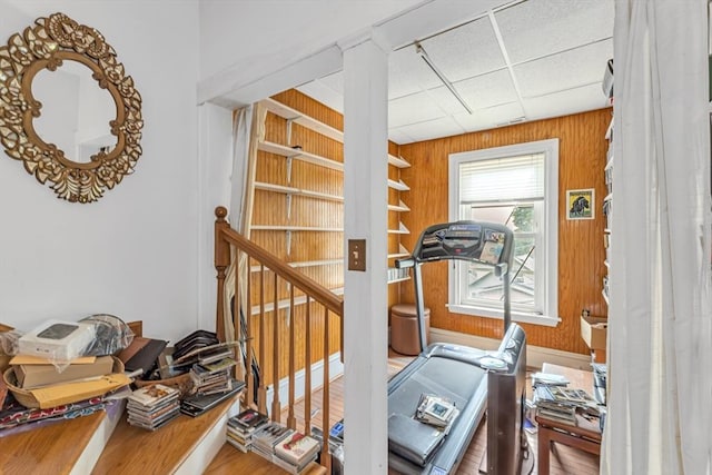 419 Poplar St, Boston, MA 02131 - exercise room featuring wooden walls and wood finished floors