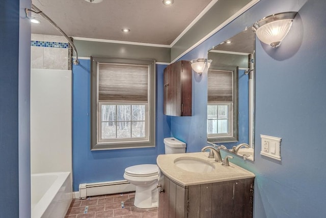 full bathroom featuring a baseboard radiator,  shower combination, toilet, vanity, and ornamental molding