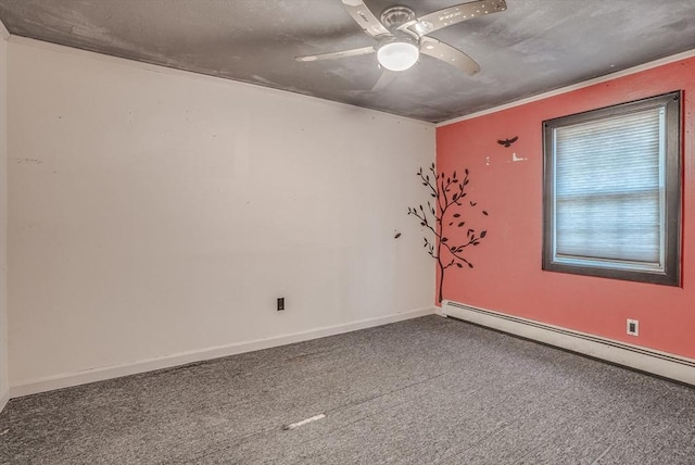 empty room with carpet, ceiling fan, and baseboard heating