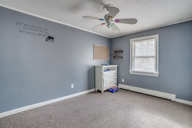 unfurnished bedroom with carpet flooring, a baseboard radiator, ceiling fan, and crown molding