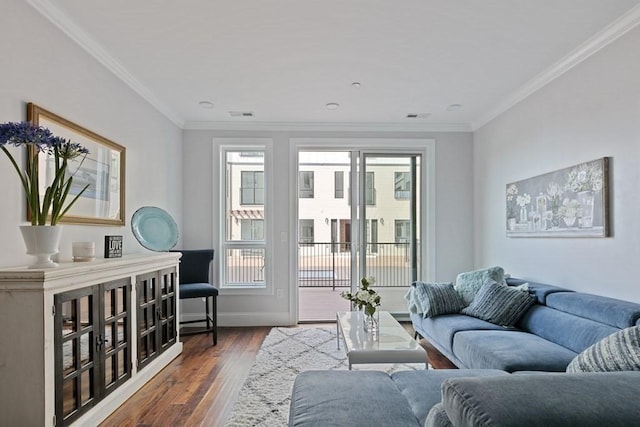 living room with crown molding and dark wood-type flooring