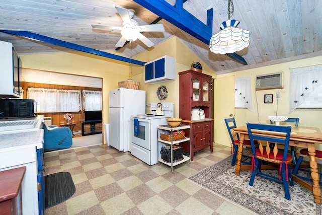 kitchen featuring vaulted ceiling, decorative light fixtures, a wall mounted AC, wood ceiling, and white appliances