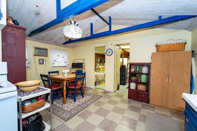 dining space featuring lofted ceiling with beams, a wall mounted air conditioner, and wooden ceiling