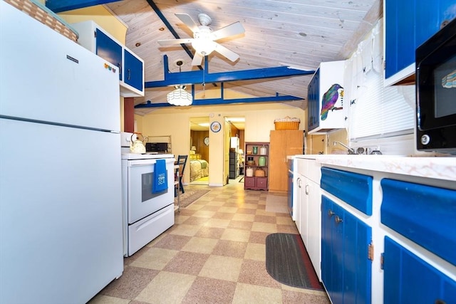 kitchen featuring lofted ceiling, white cabinets, ceiling fan, wooden ceiling, and white appliances