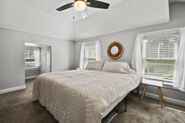 66 Squantum Rd, Jaffrey, NH 03452 - bedroom featuring carpet flooring, multiple windows, lofted ceiling, a ceiling fan, and a textured ceiling