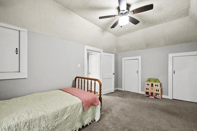 66 Squantum Rd, Jaffrey, NH 03452 - carpeted bedroom with a textured ceiling, vaulted ceiling, and ceiling fan