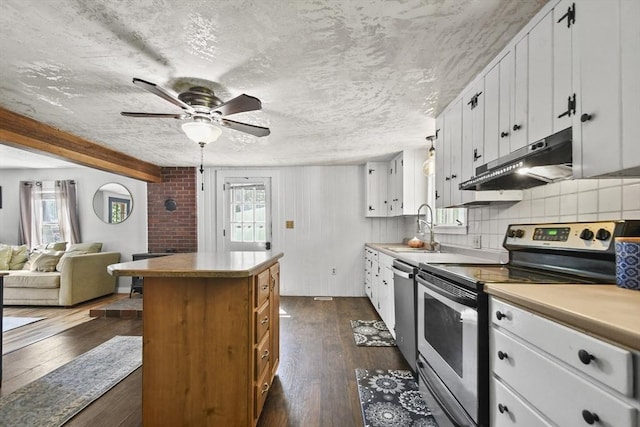 66 Squantum Rd, Jaffrey, NH 03452 - kitchen featuring stainless steel electric range, under cabinet range hood, a center island, white cabinetry, and dark wood-style floors
