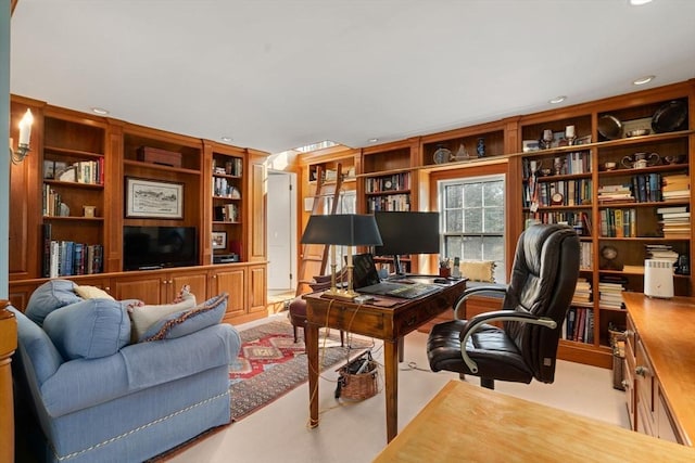 home office with carpet flooring