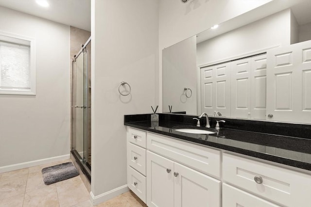 12 Queens Cir, Sharon, MA 02067 - bathroom with a stall shower, baseboards, vanity, tile patterned floors, and recessed lighting