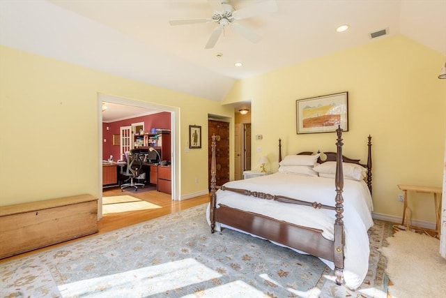 bedroom with recessed lighting, visible vents, baseboards, and vaulted ceiling