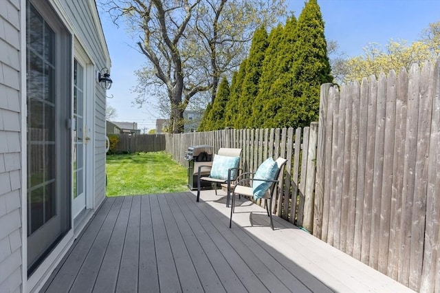 deck featuring a yard and a fenced backyard