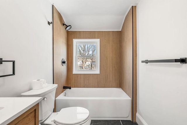 full bathroom with tile patterned flooring, vanity,  shower combination, and toilet