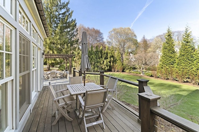 222 Prince St, Newton, MA 02465 - wooden terrace with a pergola, a yard, and outdoor dining area