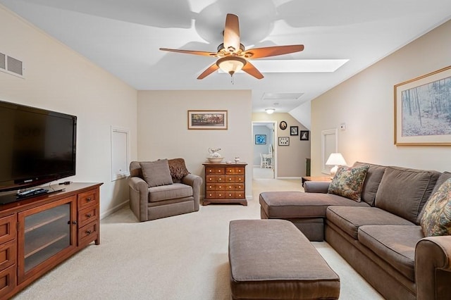 9 Summerfield Dr Unit 8, Grafton, MA 01560 - living area with light carpet, a skylight, visible vents, baseboards, and ceiling fan