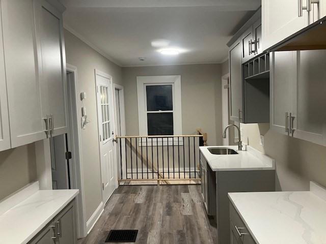 423 Orange St, Springfield, MA 01108 - laundry room featuring a sink, dark wood-style floors, and ornamental molding