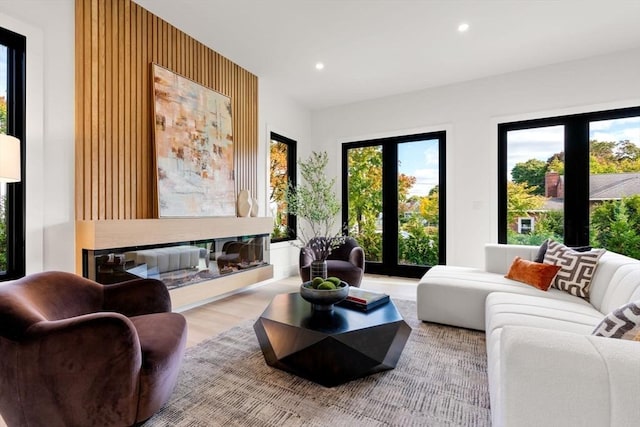 living area with a glass covered fireplace, wood finished floors, and recessed lighting