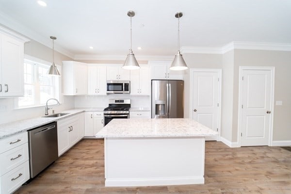 kitchen featuring white cabinets, a center island, stainless steel appliances, and sink