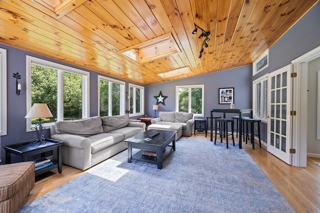 88 Amelia Way, Barnstable, MA 02648 - living room featuring wood ceiling, a skylight, wood finished floors, and vaulted ceiling