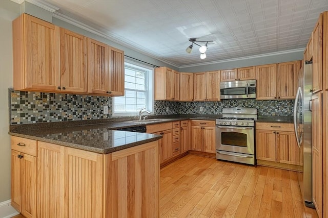 14 Mountain Ave, Marlborough, MA 01752 - kitchen with stainless steel appliances, a peninsula, light wood-type flooring, a sink, and backsplash