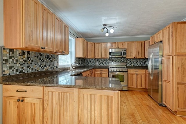 14 Mountain Ave, Marlborough, MA 01752 - kitchen featuring appliances with stainless steel finishes, a sink, decorative backsplash, light wood-style floors, and a peninsula