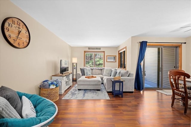 living area featuring a ceiling fan, an AC wall unit, and wood finished floors