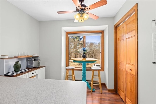 dining room with ceiling fan, baseboards, and wood finished floors