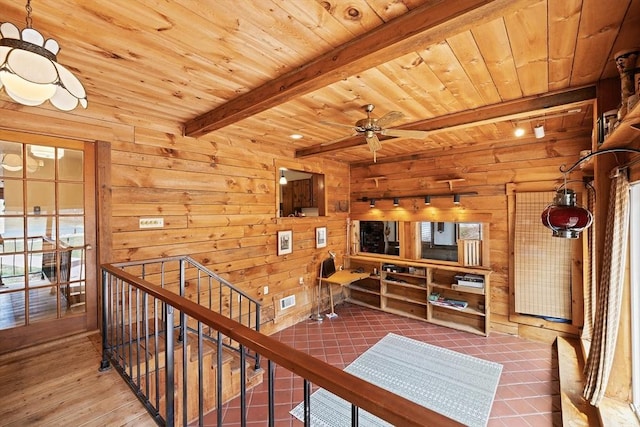 interior space featuring wood ceiling, wood walls, and beam ceiling