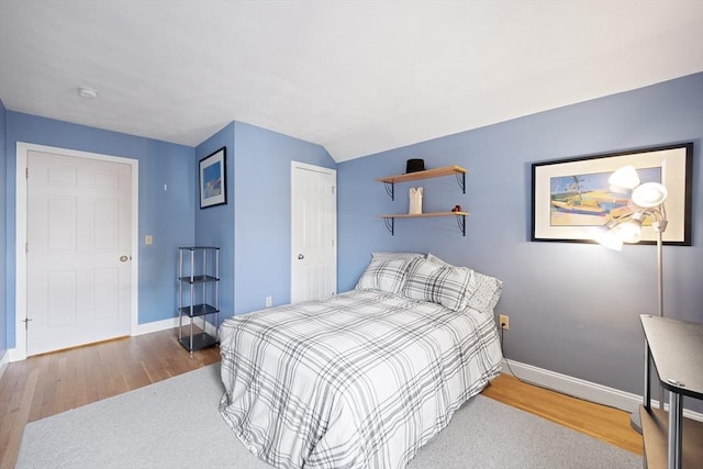 bedroom with baseboards, wood finished floors, and a closet