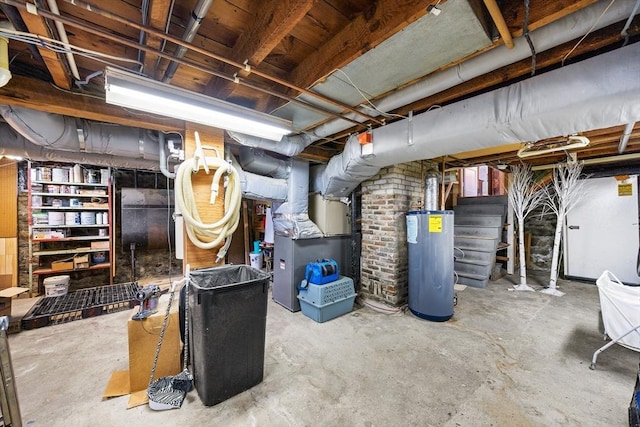 unfinished basement with heating unit and water heater