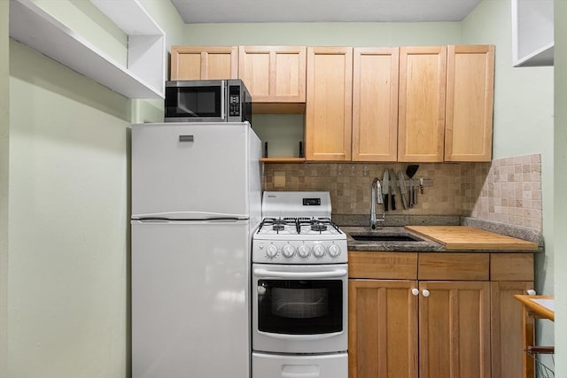kitchen with open shelves, light brown cabinets, white appliances, tasteful backsplash, and a sink