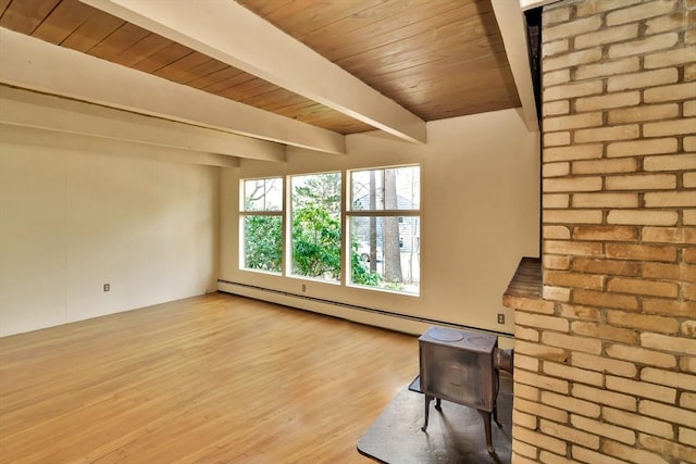 unfurnished living room with a baseboard heating unit, wooden ceiling, beam ceiling, and wood finished floors