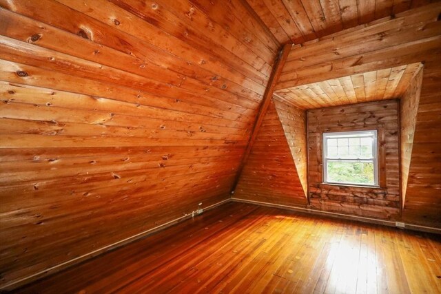 additional living space with wood walls, wood ceiling, and hardwood / wood-style floors