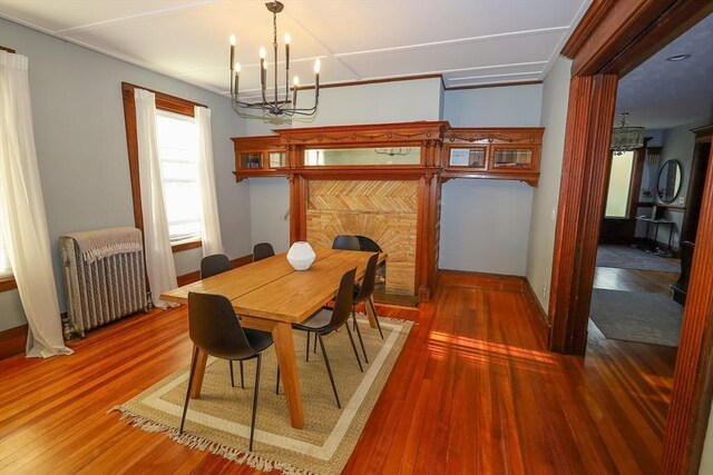 dining room with an inviting chandelier, a fireplace with flush hearth, radiator heating unit, and wood finished floors