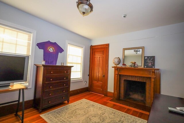 living room with a fireplace with flush hearth, wood finished floors, and a healthy amount of sunlight