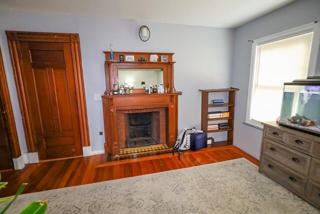 living room with baseboards, wood finished floors, and a fireplace