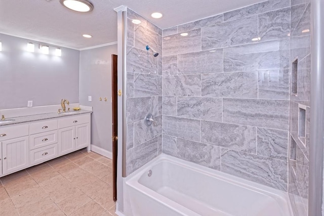 bathroom featuring washtub / shower combination, baseboards, tile patterned floors, crown molding, and double vanity