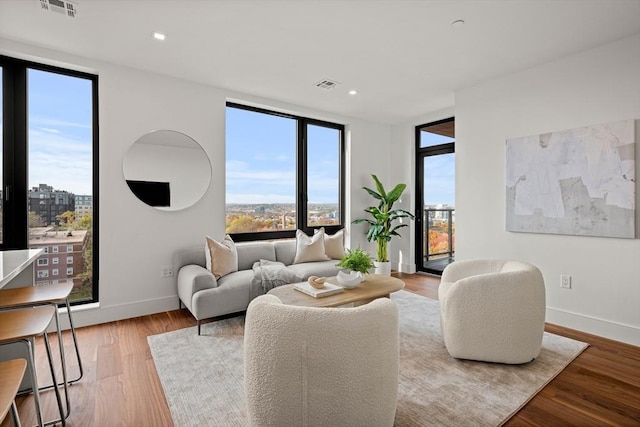 living room featuring a wall of windows and light hardwood / wood-style floors