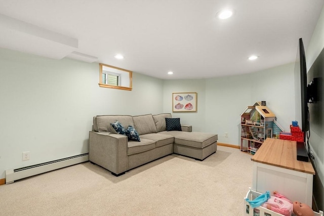 living room with recessed lighting, a baseboard heating unit, baseboards, and carpet