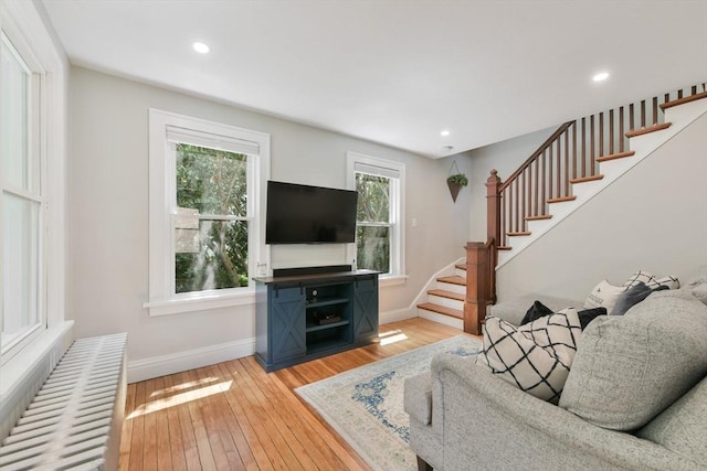 475 E St, Dedham, MA 02026 - living room with stairway, baseboards, light wood-style flooring, and recessed lighting