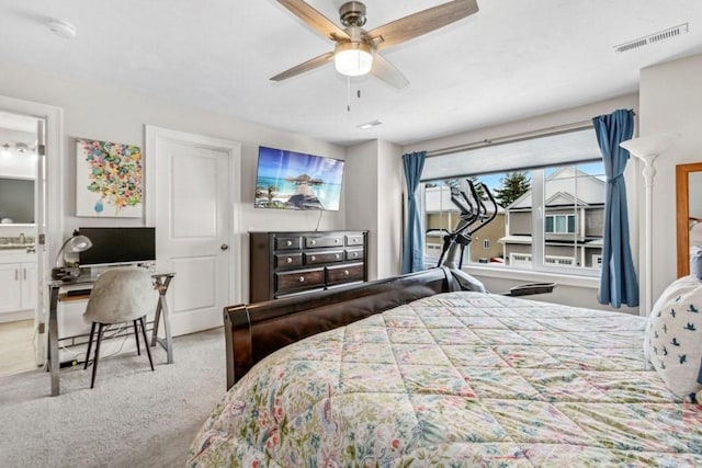 carpeted bedroom with ceiling fan