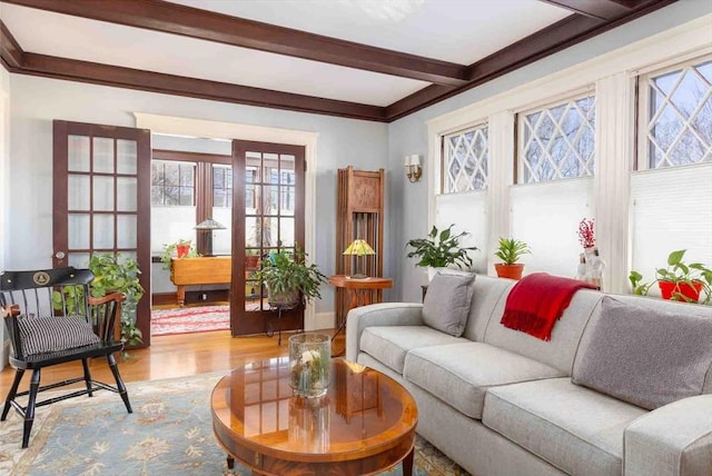 living area featuring baseboards, beam ceiling, and wood finished floors