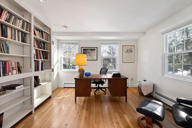 office featuring a baseboard radiator and light hardwood / wood-style floors