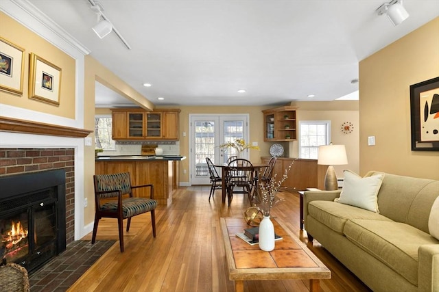 living room featuring dark hardwood / wood-style floors, track lighting, and a fireplace