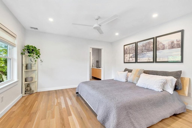 bedroom with light wood-style flooring, recessed lighting, baseboards, a ceiling fan, and visible vents