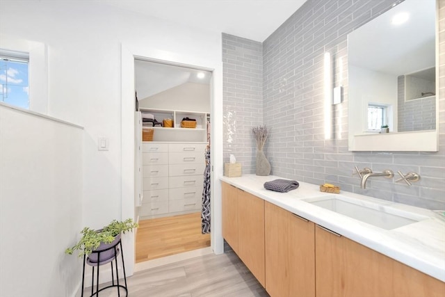 bathroom featuring vanity, backsplash, wood finished floors, and a spacious closet