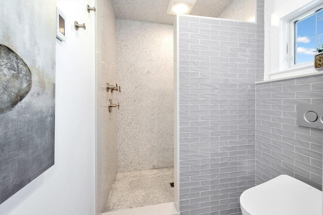bathroom with a walk in shower and toilet