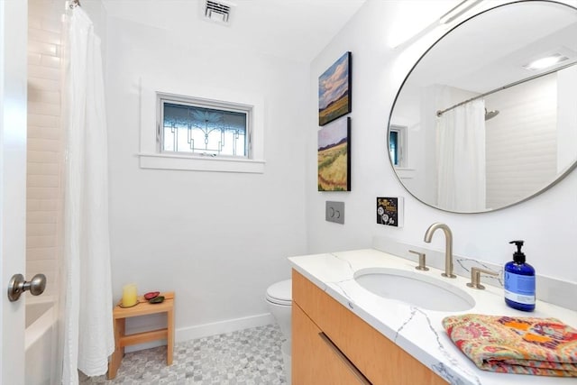 full bathroom featuring visible vents, vanity, baseboards, tile patterned floors, and toilet